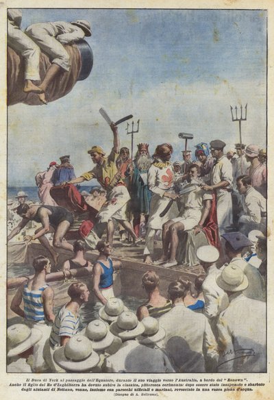 De Hertog van York bij de evenaar, tijdens zijn reis naar Australië, aan boord van de Renown door Achille Beltrame