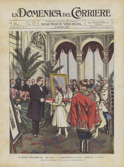 Het jubileum van de auteur van Quo Vadis?, de presentatie van de geschenken aan Sienkiewicz in Warschau door Achille Beltrame
