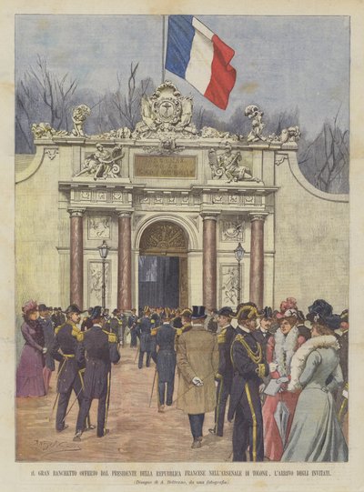 Het grote banket aangeboden door de president van de Franse Republiek in het arsenaal van Toulon, de aankomst van de gasten door Achille Beltrame