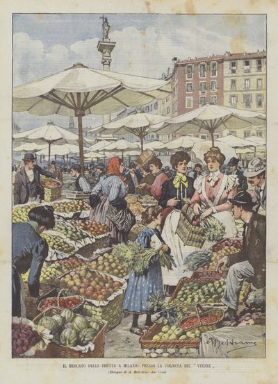 De fruitmarkt in Milaan, bij de Verzee-kolom door Achille Beltrame