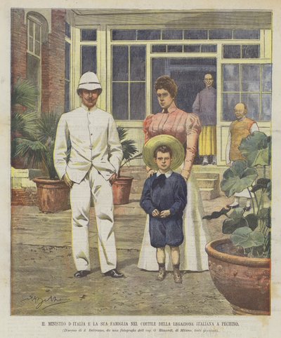 De Italiaanse Minister en Zijn Familie in de Binnenplaats van de Italiaanse Legatie in Peking door Achille Beltrame