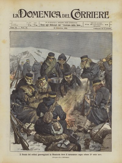 Kerstmis van de soldaten die vechten in Mantsjoerije waar de thermometer nu 15 graden onder nul aangeeft door Achille Beltrame