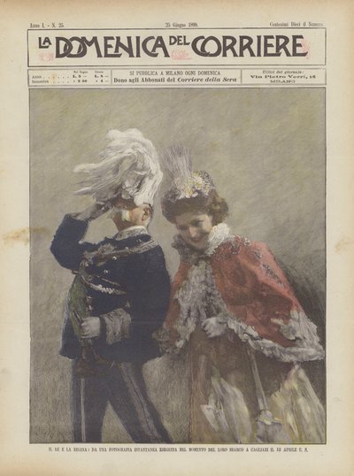 De koning en de koningin, van een momentopname gemaakt tijdens hun ontscheping in Cagliari op 12 april door Achille Beltrame