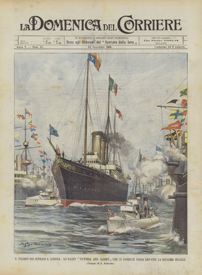 De reis van de vorsten naar Londen, het jacht Victoria and Albert dat hen vervoert passeert de Engelse vloot door Achille Beltrame