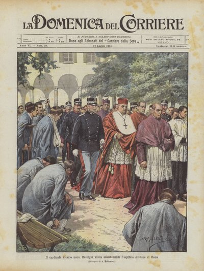 De kardinaal vicaris monseigneur Respighi bezoekt plechtig het militair hospitaal van Rome door Achille Beltrame