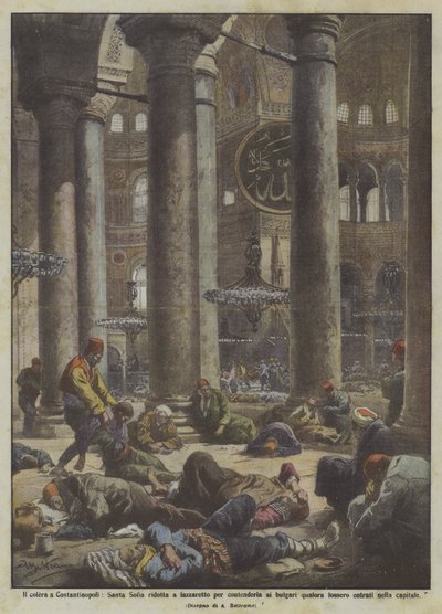 De cholera in Constantinopel, Hagia Sophia omgebouwd tot lazaret om het te beschermen tegen de Bulgaren... door Achille Beltrame