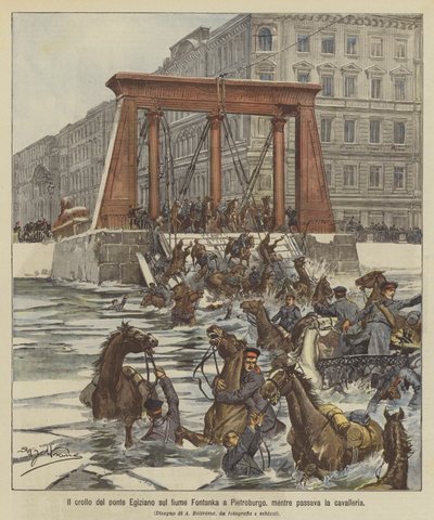 De instorting van de Egyptische brug over de Fontanka-rivier in Sint-Petersburg, terwijl de cavalerie passeerde door Achille Beltrame