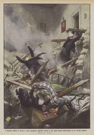Het bouwramp in Genua, nonnen vallen van grote hoogte samen met twee appartementen door Achille Beltrame