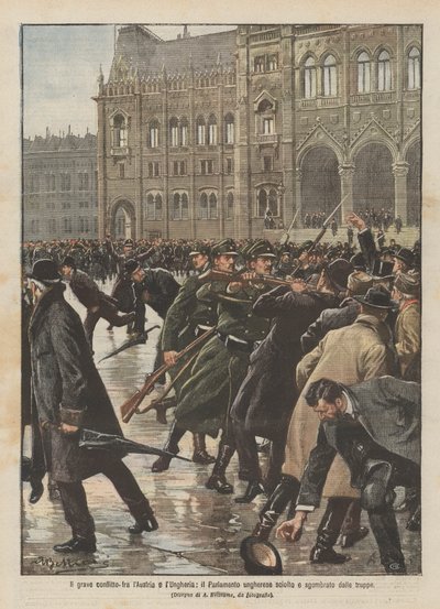 Het ernstige conflict tussen Oostenrijk en Hongarije, het Hongaarse Parlement ontbonden en ontruimd door troepen door Achille Beltrame