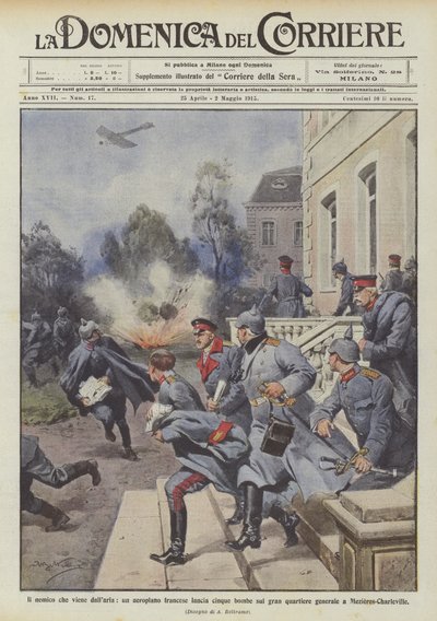 De vijand uit de lucht, een Frans vliegtuig gooit vijf bommen op het hoofdkwartier door Achille Beltrame