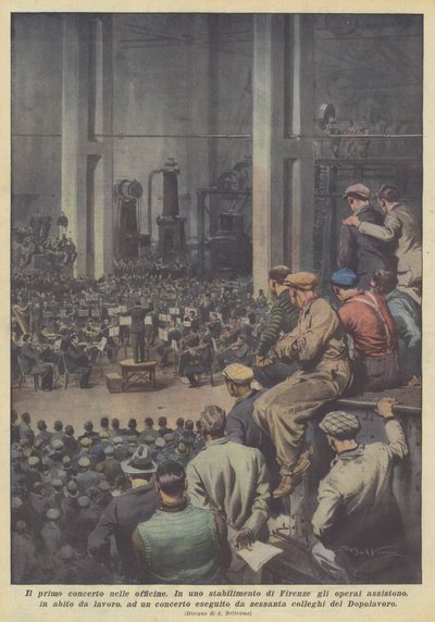 Het eerste concert in de werkplaatsen door Achille Beltrame