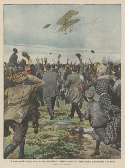 De eerste grote luchtreis van de ene stad naar de andere, Paulhan vertrok uit Londen en landde in Manchester op 28 april door Achille Beltrame