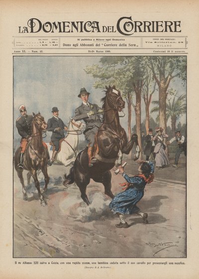 Koning Alfonso XIII redt in Ceuta met een snelle beweging een meisje dat onder zijn paard was gevallen door Achille Beltrame