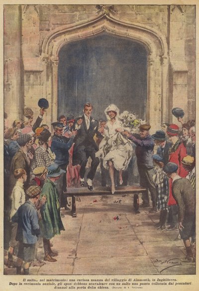 De sprong in het huwelijk, een curieuze gewoonte van het dorp Alnmouth in Engeland door Achille Beltrame