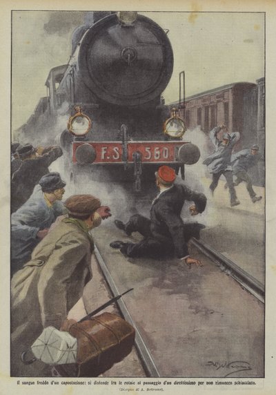 De koelbloedigheid van een stationschef, hij gaat tussen de rails liggen bij het passeren van een sneltrein door Achille Beltrame