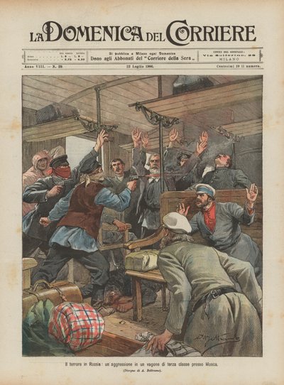 De terreur in Rusland, een aanval in een derde klas wagon bij Moskou door Achille Beltrame