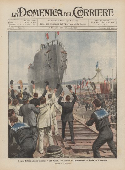 De tewaterlating van de gepantserde kruiser San Marco van de werf van Castellammare di Stabia, op 20 mei door Achille Beltrame
