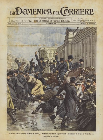 In afwachting van de liberale hervormingen in Rusland, verdrijven en slaan de Kozakken de vrijheidsdromers in Sint-Petersburg door Achille Beltrame