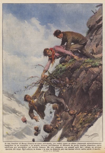 In een gehucht van Barge (Cuneo) viel een man, glijdend, in een afgrond en bleef ? door Achille Beltrame