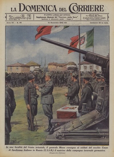 In een plaats aan het oostfront, generaal Messe overhandigt aan de soldaten van het oude Korps ? door Achille Beltrame