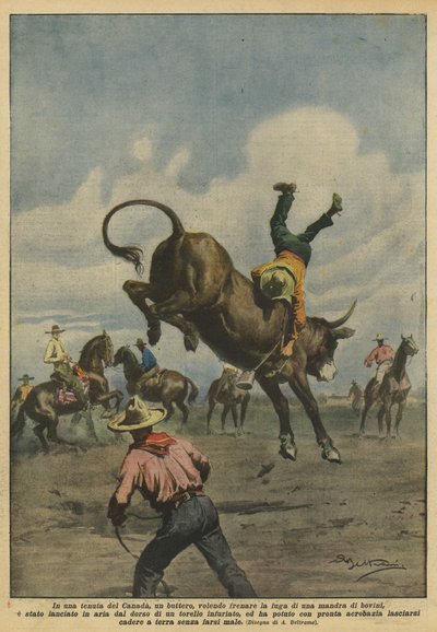 Op een landgoed in Canada probeert een cowboy een kudde runderen te stoppen door Achille Beltrame