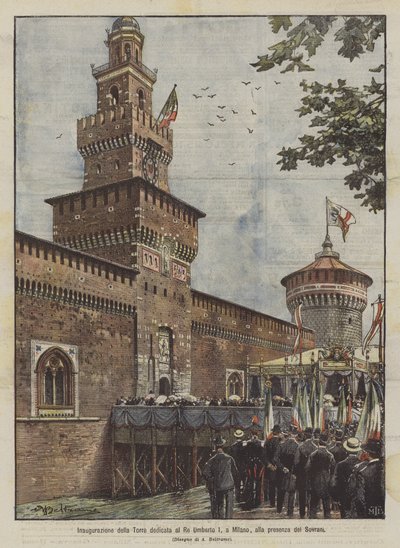 Inhuldiging van de toren gewijd aan koning Umberto I, in Milaan, in aanwezigheid van de vorsten door Achille Beltrame