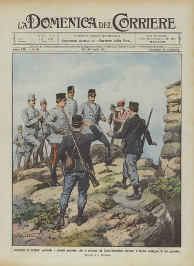 Grensincidenten, generaal en Oostenrijkse soldaten die zich terugtrekken van Cima Mandriolo door Achille Beltrame