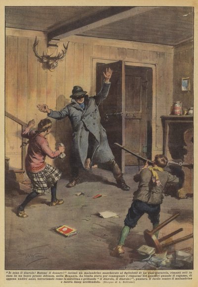 Ik ben de duivel! Geef me het geld! beval een gemaskerde misdadiger aan de kinderen door Achille Beltrame