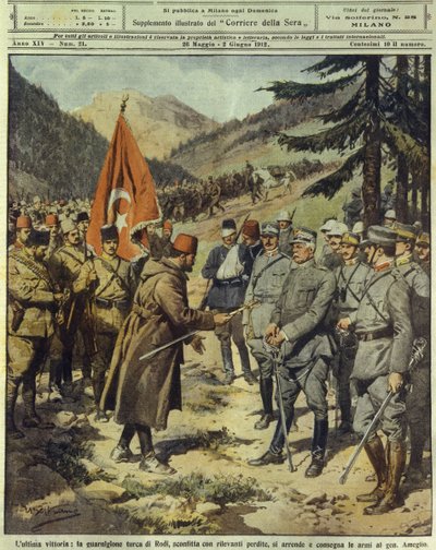 Italiaans-Turkse of Libische oorlog (1911-1912), Turks leger geeft zich over en geeft wapens af aan de Italiaanse generaal Ameglio op Rhodos, 26 mei door Achille Beltrame