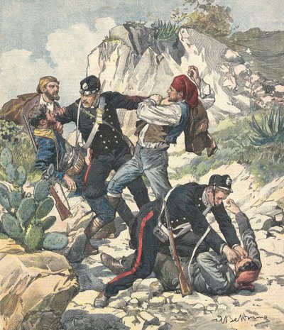 Italië (1902). Carabinieri arresteren een bandiet en zijn bende in Trapani. Illustratie van Achille Beltrame uit 