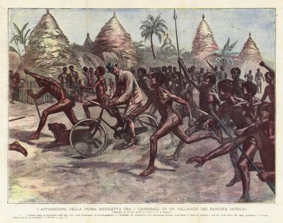De verschijning van de eerste fiets onder de kannibalen, in een dorp van de Bangwa (Afrika) door Achille Beltrame