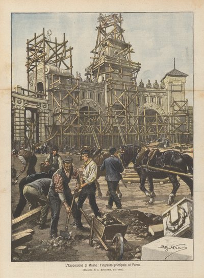 De tentoonstelling van Milaan, de hoofdingang van het park door Achille Beltrame