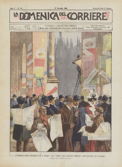 De ingang van de Galleria V.E. in Milaan, aan de vooravond van de algemene bestuursverkiezingen (10 december) door Achille Beltrame