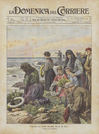 Het eerbetoon aan de slachtoffers van de zee op Allerzielen door Achille Beltrame