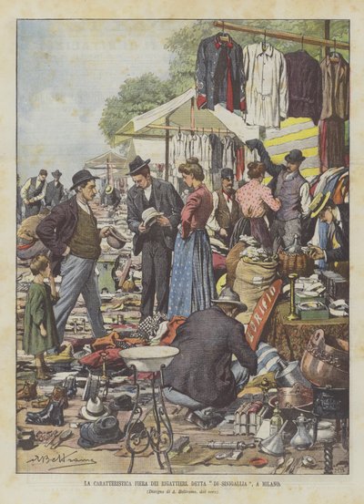 De karakteristieke rommelmarkt, genaamd Sinigallia in Milaan door Achille Beltrame