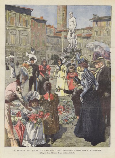 De bloei op de plaats waar Fra Girolamo Savonarola werd verbrand in Florence door Achille Beltrame