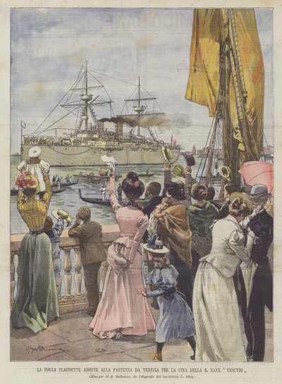 De Juichende Menigte Ziet het Vertrek van de R. Nave Vesuvio naar China vanuit Venetië door Achille Beltrame
