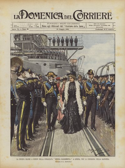 De koningin-moeder aan boord van het slagschip Regina Margherita in Spezia, voor de overhandiging van de vlag door Achille Beltrame