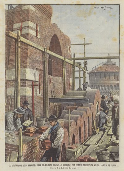 De reconstructie van de grandioze Filarete-toren, gewijd aan Umberto I, in het Sforzesco-kasteel door Achille Beltrame