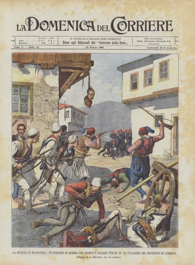 De opstand in Macedonië, een episode van oorlog tussen opstandelingen en Turkse soldaten in een dorp door Achille Beltrame