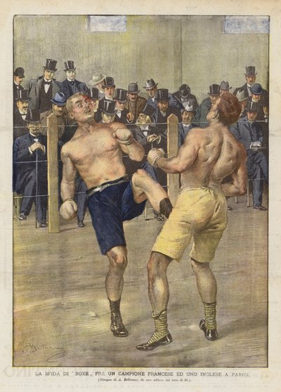 De bokswedstrijd tussen een Franse en een Engelse kampioen in Parijs door Achille Beltrame