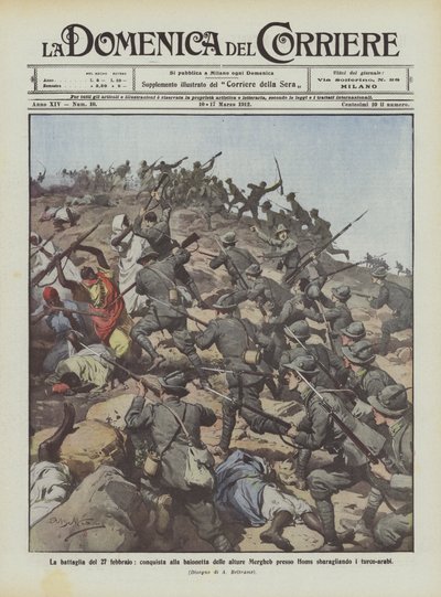 De slag van 27 februari, verovering met de bajonet van de Mergheb hoogten bij Homs, de Turks-Arabieren verslaan door Achille Beltrame