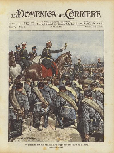 De zegen gegeven door de tsaar aan de nieuwe Russische troepen die naar de oorlog vertrekken door Achille Beltrame