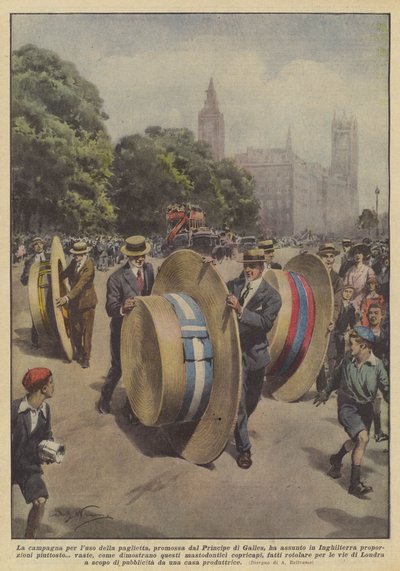De campagne voor het gebruik van de strohoed, gepromoot door de Prins van Wales, heeft in Engeland door Achille Beltrame