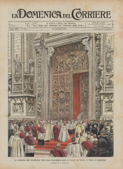 De ceremonie van de zegening van de nieuwe prachtige bronzen deur in de kathedraal van Milaan (8 september) door Achille Beltrame