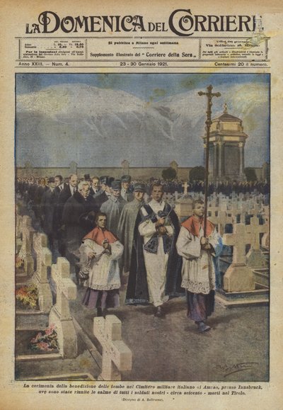 De ceremonie van de zegening van de graven op de Italiaanse militaire begraafplaats van Amras ? door Achille Beltrame