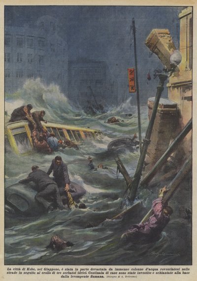 De stad Kobe in Japan is gedeeltelijk verwoest door enorme waterkolommen door Achille Beltrame