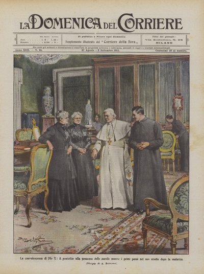 Het herstel van Pius X, de paus zet zijn eerste stappen in aanwezigheid van zijn zusters door Achille Beltrame