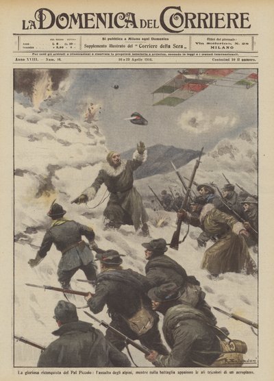 De glorieuze herovering van de Pal Piccolo, de aanval van de alpini, terwijl de strijd woedt door Achille Beltrame