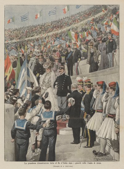 De grootse demonstratie voor de koning van Italië na de spelen in het stadion van Athene door Achille Beltrame